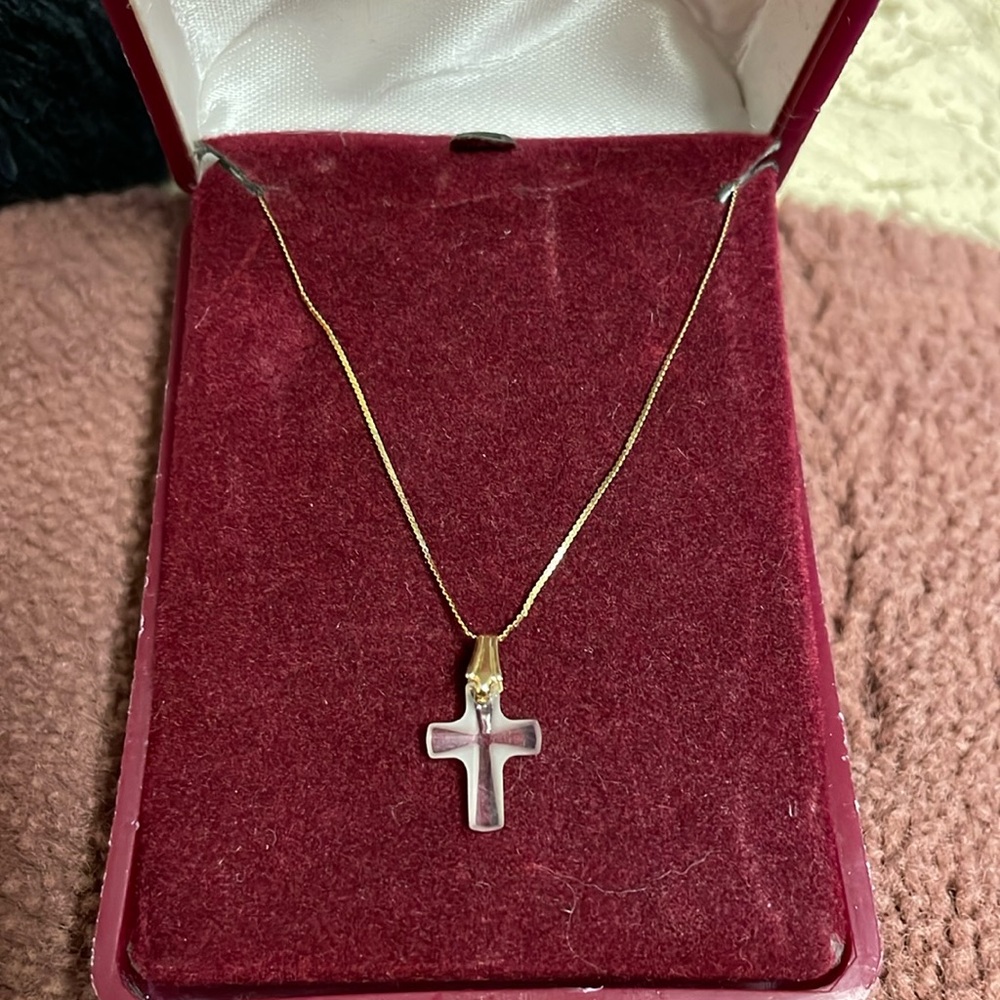 14k pure gold crystal cross necklace